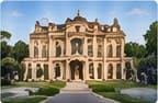 Grand stone mansion with formal lawns