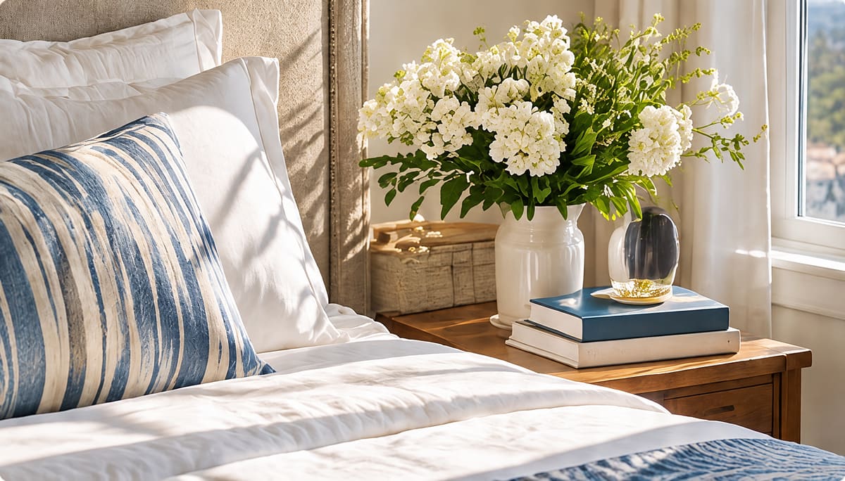 Sunlit bedside with white linens, a blue striped pillow, a vase of white flowers and a stack of books on a wooden nightstand