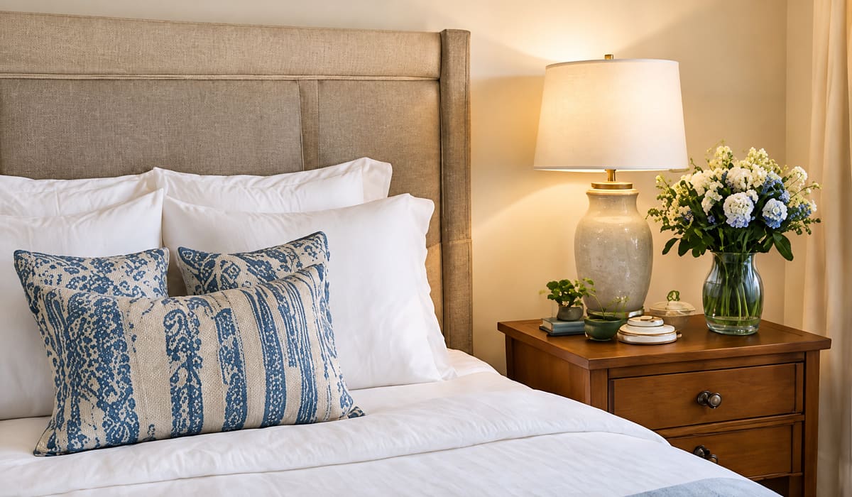 Queen bed with white linens and blue patterned pillows beside a wooden nightstand with a lamp and fresh flowers