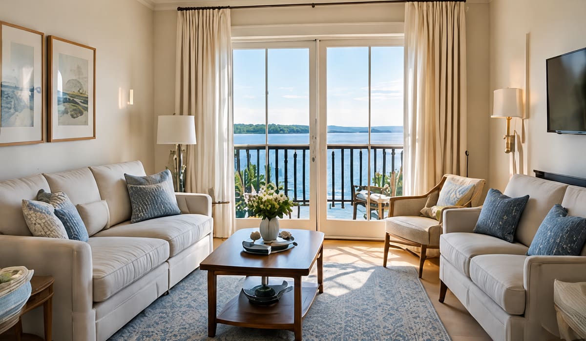 Suite sitting room with two light sofas, a wooden coffee table and glass doors opening to a balcony over the water