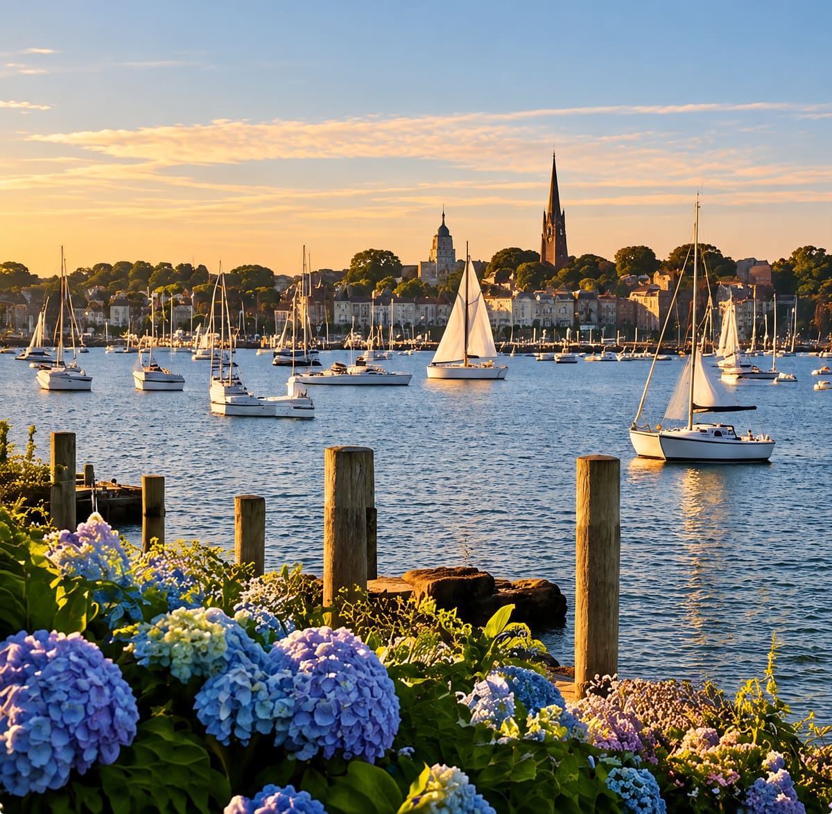 Newport harbor at golden hour with sailboats at anchor, a church steeple above the town, wooden pilings and blue hydrangeas along the shore