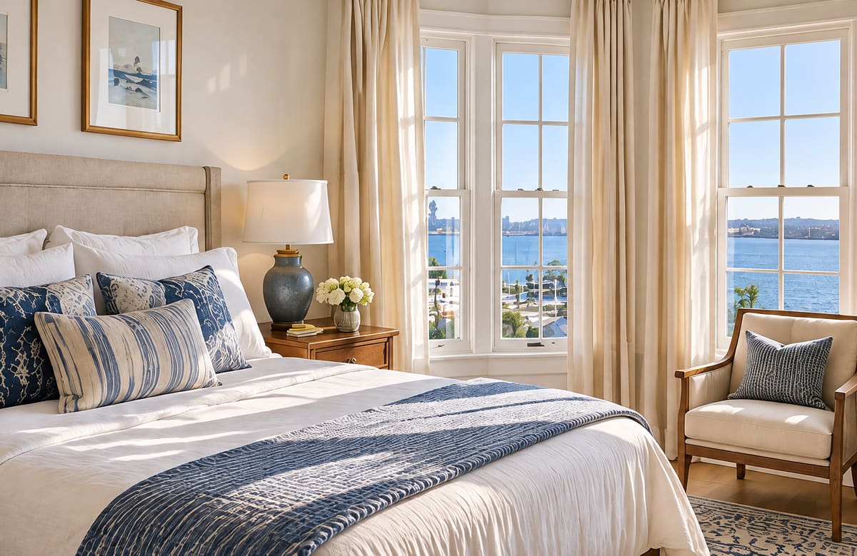 Sunlit guest room with ivory bedding, an upholstered headboard, blue patterned pillows, a wooden bedside table and tall windows looking out over the water
