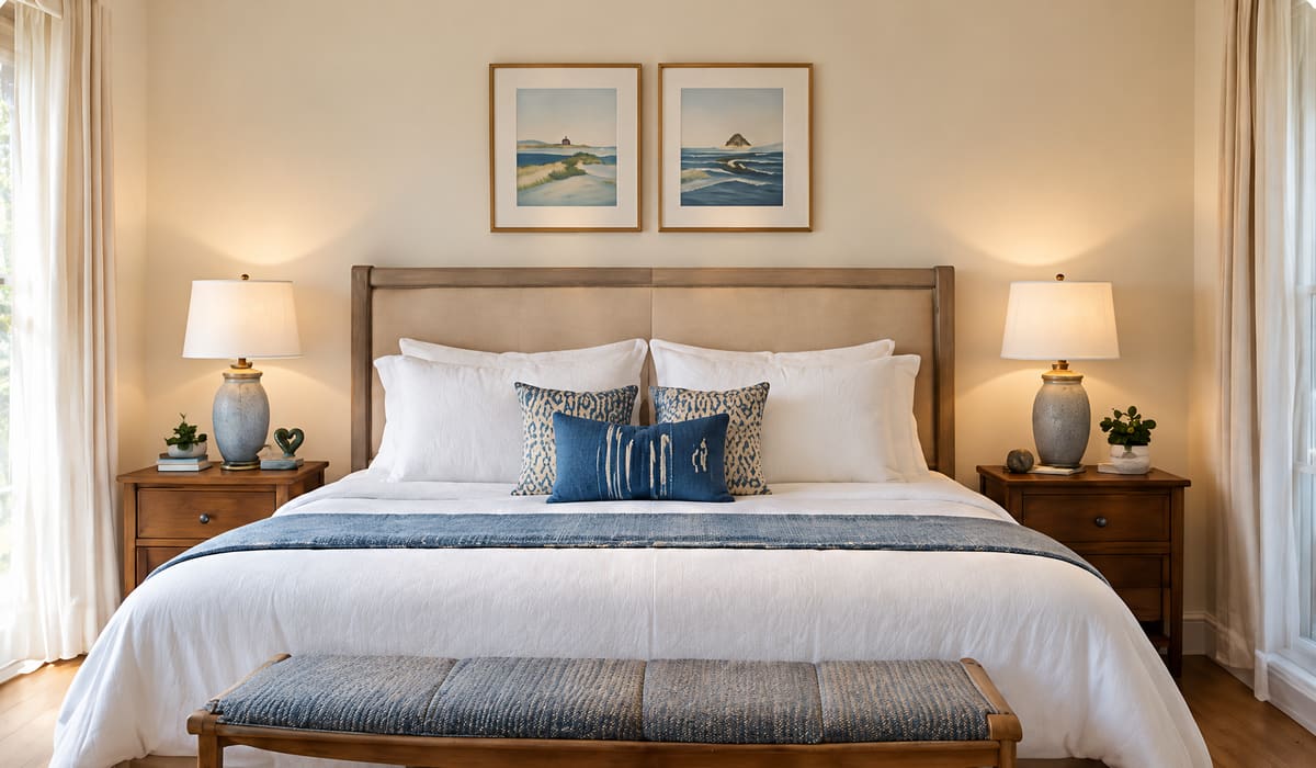 King bed with white bedding and a blue runner, matching lamps on both sides and two framed coastal prints above